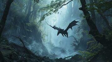 AI generated Dragon flying up out of cavern in misty fantasy forest. photo