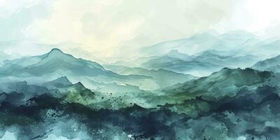 AI generated Minimalistic landscape art background with mountains and hills in blue and green colors. Abstract banner in oriental style with watercolor texture for decor, print, wallpaper photo