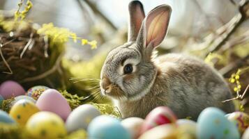 ai generado contento Pascua de Resurrección conejito con muchos vistoso Pascua de Resurrección huevos foto