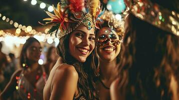 ai generado brasileño carnaval. grupo de amigos celebrando carnaval fiesta foto