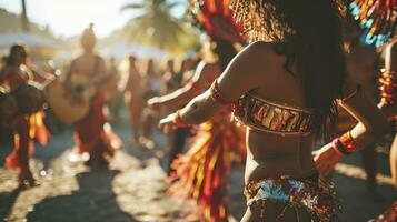 ai generado vamos danza todas nuestra nubes lejos. recortado Disparo de hermosa samba bailarines ejecutando en un carnaval con su banda. foto