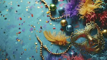 AI generated Colourful mardi gras beads, feathers and carnival masks on blue background with copy space photo