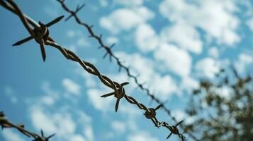 AI generated Barbed wire in front of blue sky with cloud photo