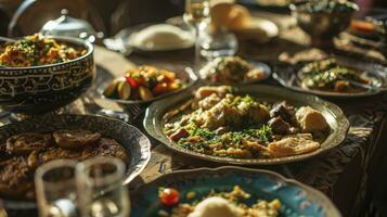 ai generado tradicional comida para iftar en hora de Ramadán foto
