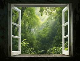 AI generated Modern house open window view forest background photo