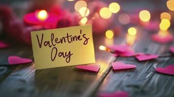 AI generated The text valentines day written on a sticky note on a wooden table against a bokeh background. photo