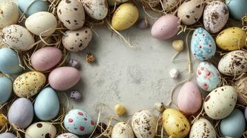 AI generated Top down view of an Easter border frame of robin's eggs and chocolate eggs with copy space in the middle photo