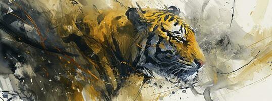 AI generated The New Year eps of a golden tiger, in the style of delicate ink washes, dragon art, abstract expressionistic splatters. photo