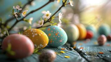 AI generated Close up easter eggs on a blue color wooden table against a bokeh background easter celebration photo