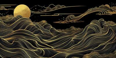 ai generado resumen japonés estilo paisajes forrado olas en negro y oro colores foto