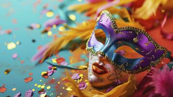 AI generated Bright multicolored carnival mask, festival and entertainment concept, space for text photo