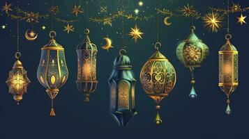 AI generated Arabic traditional Ramadan Kareem eastern lanterns garland. Muslim ornamental hanging golden lanterns, stars and moon vector illustration set. Islamic oriental style garland photo