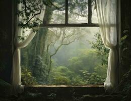 AI generated Modern house open window view forest background photo