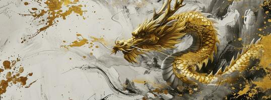 AI generated Golden dragon and gold brush strokes for the new year on a white background, in the style of ink wash collages, dark white and light gray,  enchanting watercolors. photo