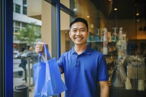 AI generated Asian man holding a blue plastic utensil in his hands in a grocery store photo