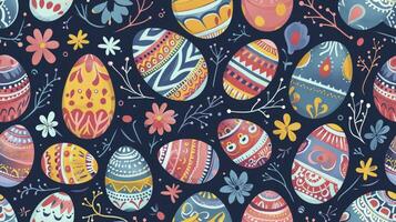 AI generated Cute hand-drawn easter eggs horizontal seamless pattern, fun easter decoration, great for banners, wallpapers, card design. photo