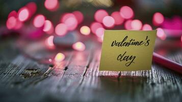 AI generated The text valentines day written on a sticky note on a wooden table against a bokeh background. photo