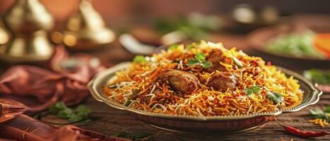 ai generado presentando un delicioso enorme plato de biryani, con real indio antecedentes foto