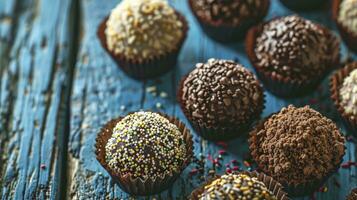 AI generated Brigadeiro in paper forms on blue wooden background, close up photo