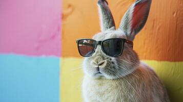 ai generado frio conejito con Gafas de sol en vistoso antecedentes foto