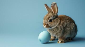 AI generated Easter bunny rabbit with blue painted egg on blue background. Easter holiday concept. photo