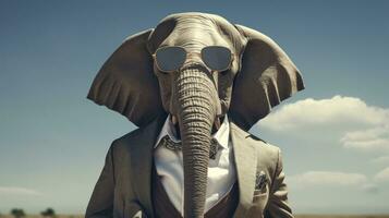 ai generado elefante es vistiendo un traje y Gafas de sol foto