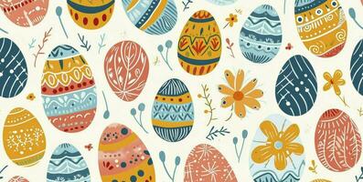 AI generated Cute hand-drawn easter eggs horizontal seamless pattern, fun easter decoration, great for banners, wallpapers, card design. photo