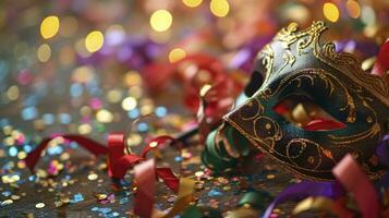 AI generated Carnival Party. Venetian Mask With Colorful Streamer And Whistle photo