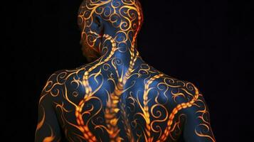 ai generado hombre foto con de colores luminoso tatuajes en su espalda