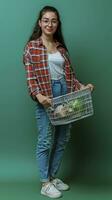 AI generated Young woman with shopping basket on green background photo