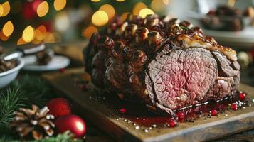 AI generated Christmas prime rib beef fillet roasted closeup, Xmas menu on table photo