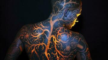 AI generated Man photo with colored luminous tattoos on her back