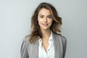 AI generated Portrait of wonderful young businesswoman wearing suit standing over gray background photo