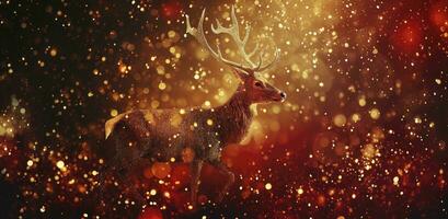 AI generated Golden Christmas deer with a red sparkle background. photo