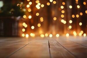 AI generated Empty rustic wooden table in front of christmas light night,abstract circular bokeh background photo