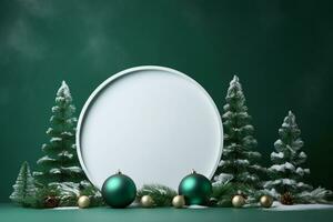 AI generated merry Christmas 3d rendered green Podium display for event photo