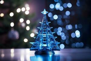 AI generated Abstract Blue shinny Christmas tree with bokeh background technology concept photo