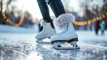 AI generated White modern skates skating on clear ice in winter. photo