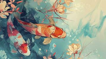 AI generated Asian background, Oriental Japanese style abstract pattern background design with koi fish decorate in watercolor texture photo