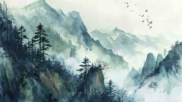 AI generated A watercolor landscape of serene mountains, inspired by the Chinese style of classical traditional ink painting. photo