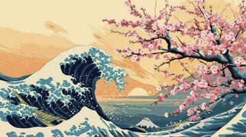 AI generated Abstract Hokusai style background. Waves, sea, pink sakura trees. photo