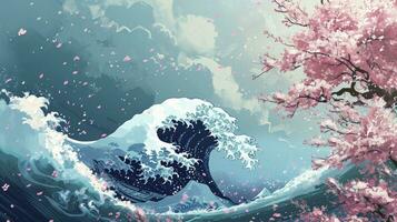 ai generado resumen Hokusai estilo antecedentes. ondas, mar, rosado sakura arboles foto