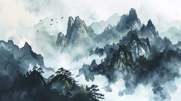 AI generated A watercolor landscape of serene mountains, inspired by the Chinese style of classical traditional ink painting. photo