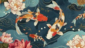 AI generated Asian background, Oriental Japanese style abstract pattern background design with koi fish decorate in watercolor texture photo