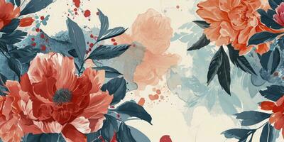 AI generated Asian background, Oriental Japanese and Chinese style abstract pattern background design with botanical flowers decorate in watercolor photo