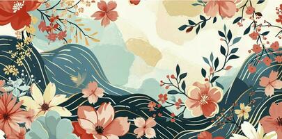 AI generated Asian background, Oriental Japanese and Chinese style abstract pattern background design with botanical flowers decorate in watercolor photo