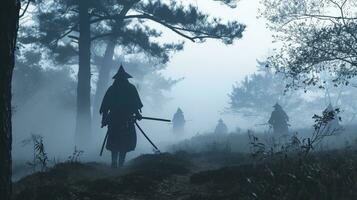 ai generado maravilloso amanecer escena en niebla con silueta samuráis en el histórico sekigahara campo de batalla, entregado en moderno tinta lavar estilo y apagado tonos foto