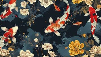 ai generado asiático fondo, oriental japonés estilo resumen modelo antecedentes diseño con koi pescado Decorar en acuarela textura foto