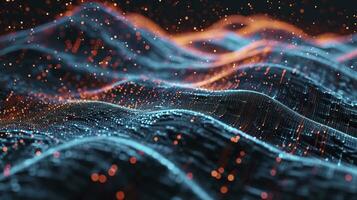 AI generated Abstract wave with moving dots and lines. Flow of particles. Cyber technology illustration. 3d rendering photo