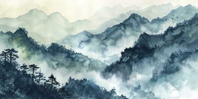 AI generated Mountain scenery, Watercolor. Chinese or Japanese Blue Mountains. Landscape of foggy mountains in the early morning photo